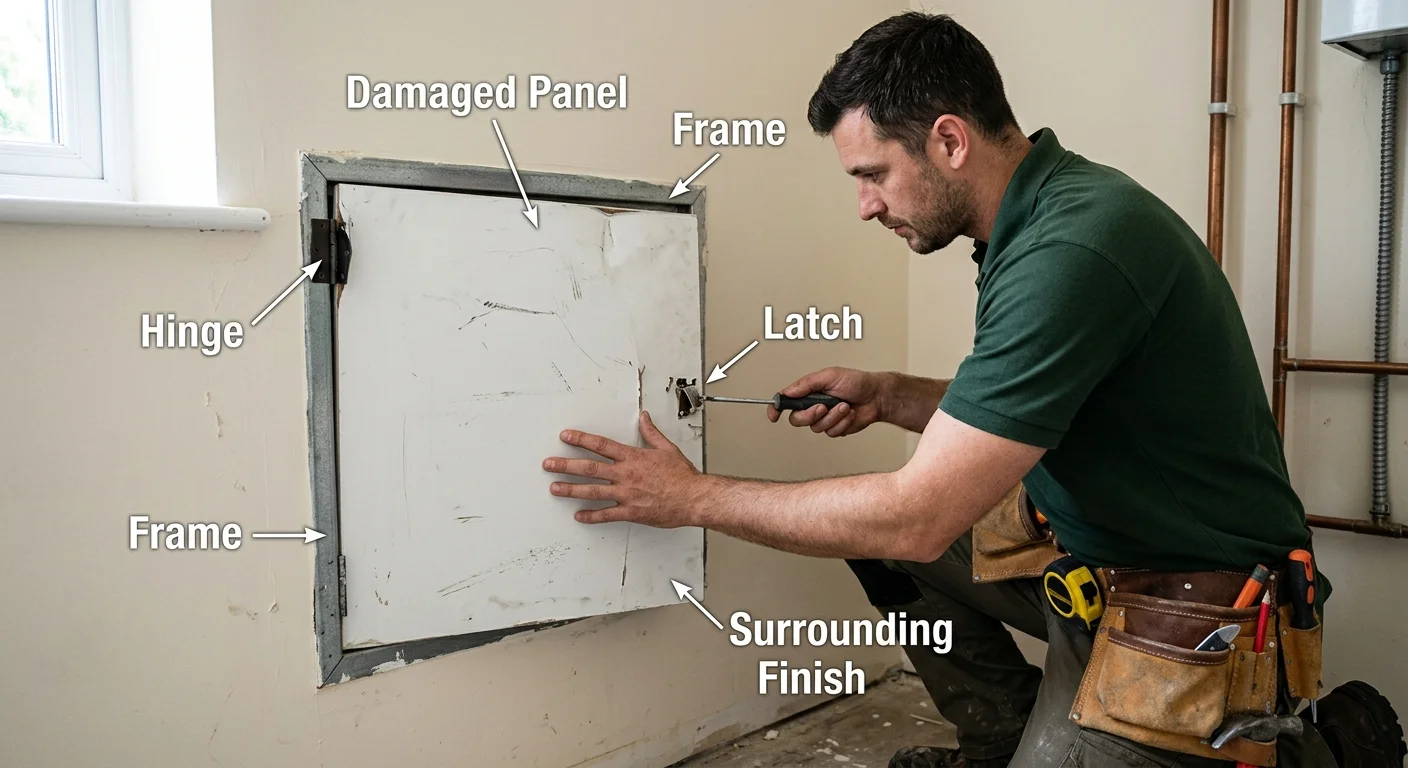 Damaged wall access panel showing its door, hinge, latch, frame, and surrounding finish
