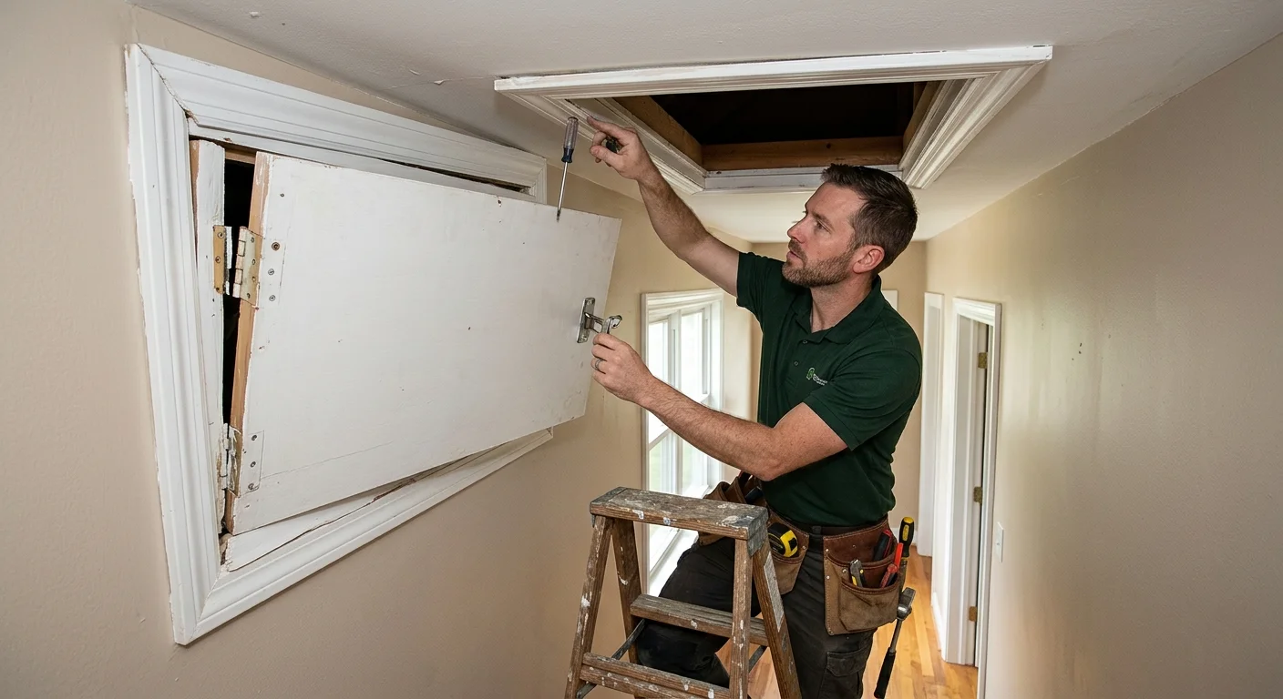 Loose hinge and misaligned trim on an attic access door