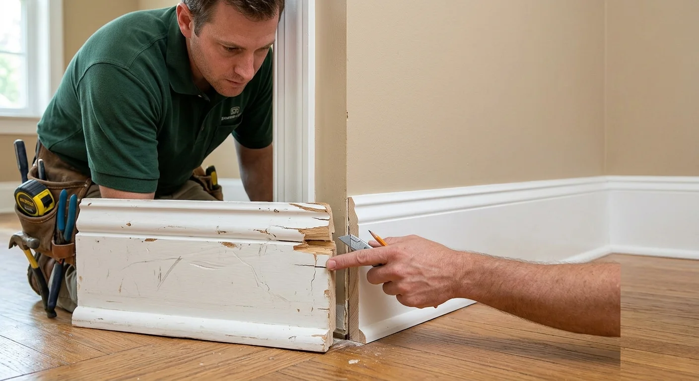 Dented baseboard with a separated joint beside intact painted trim