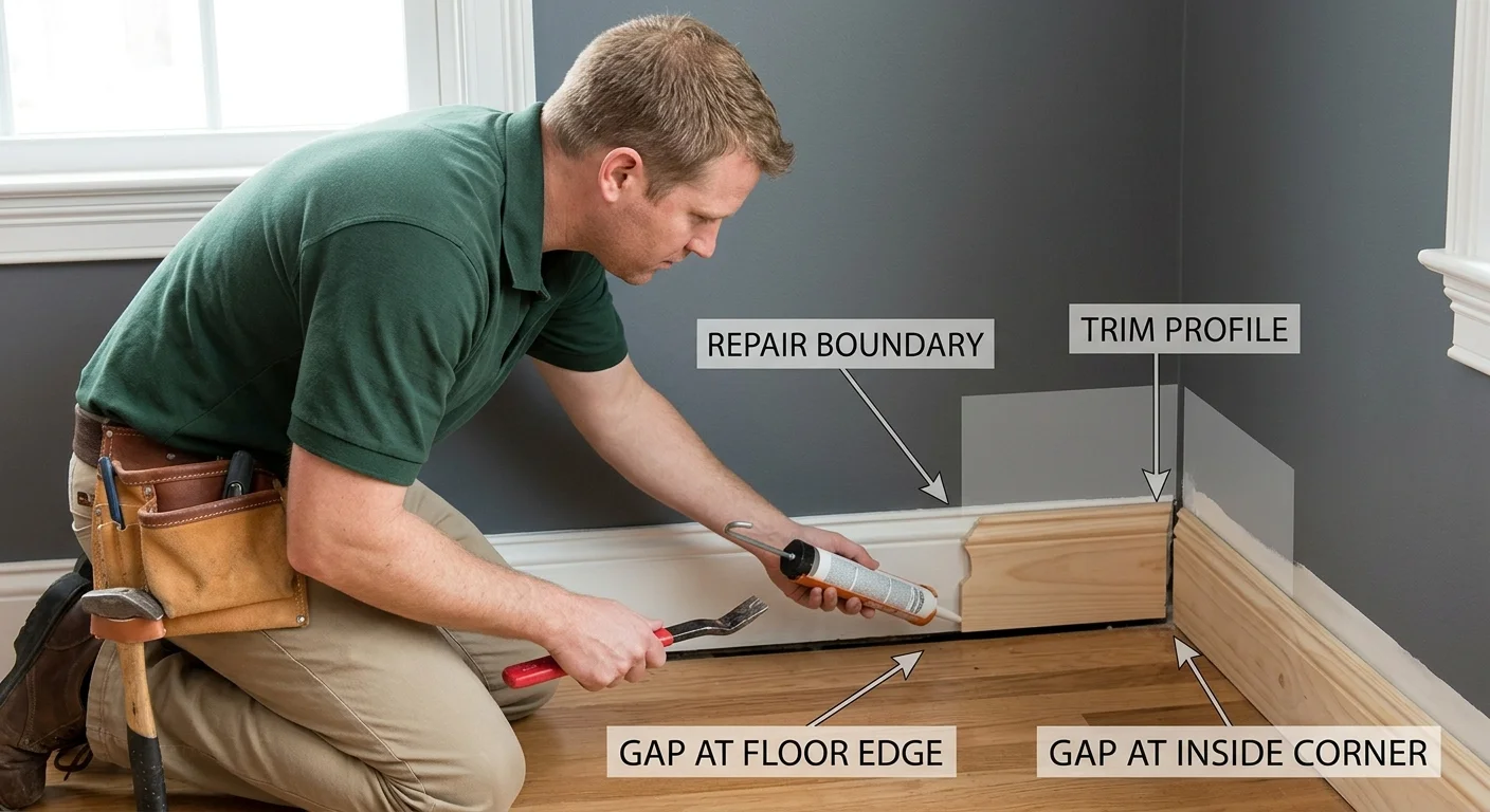 Baseboard gaps along a floor edge and inside corner