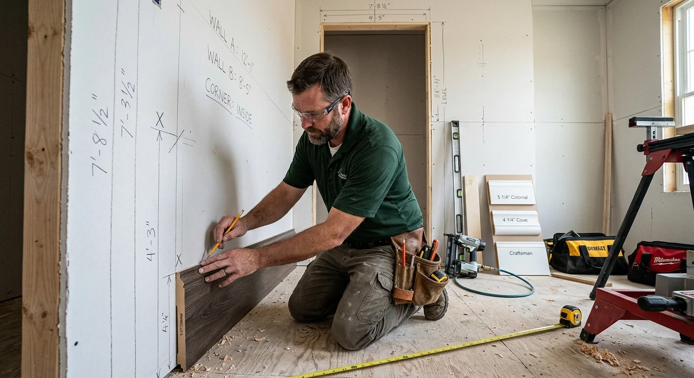 Room with wall lengths, corners, door casings, and baseboard profiles marked