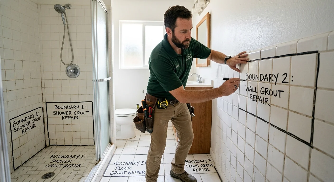 San Diego bathroom with grout zones marked on wall, shower, and floor