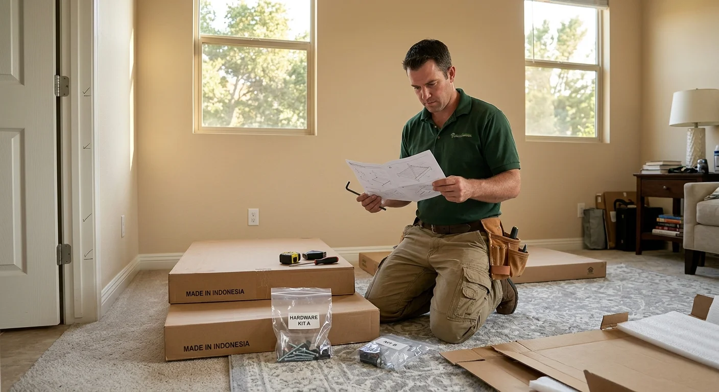 Bed-frame boxes, instructions, hardware bags, and an Escondido bedroom