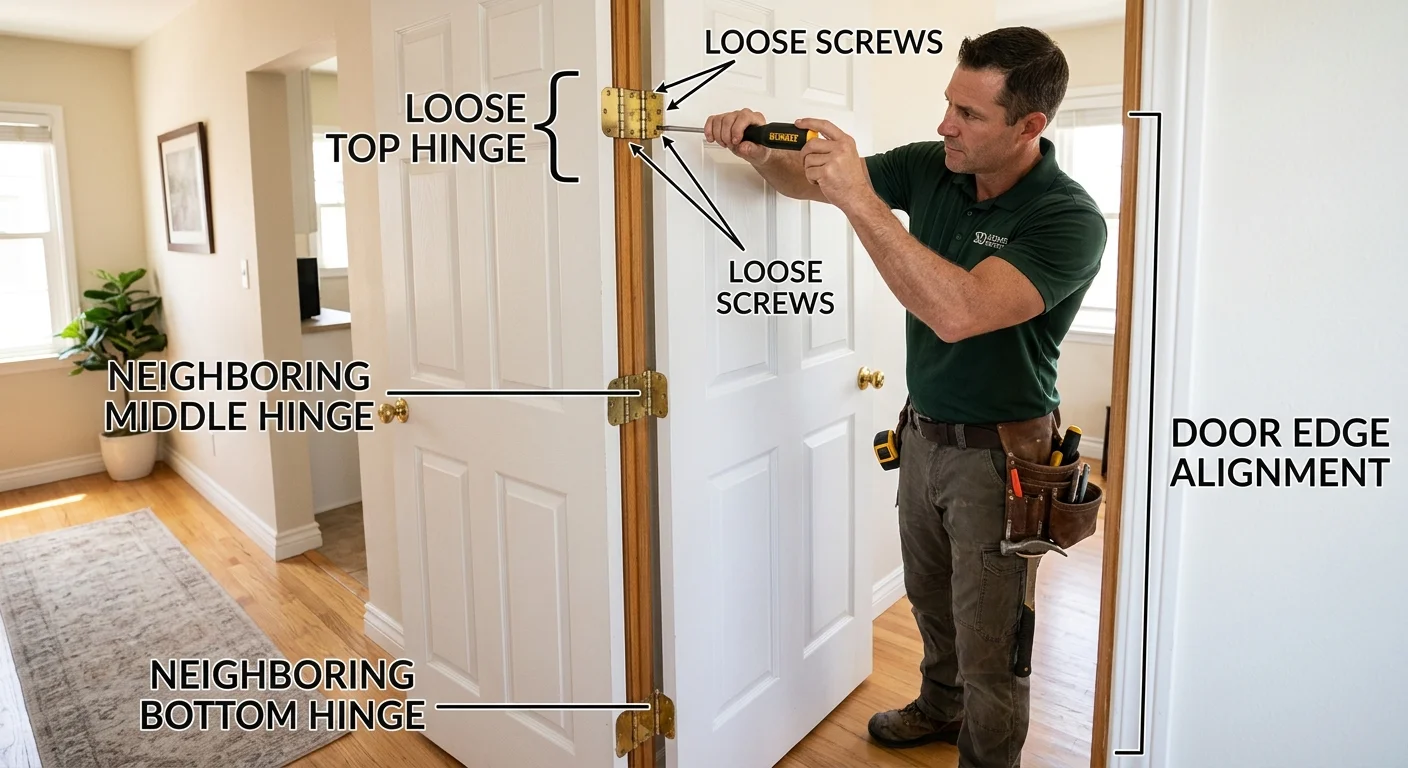 San Diego interior door with one failed hinge and neighboring hardware