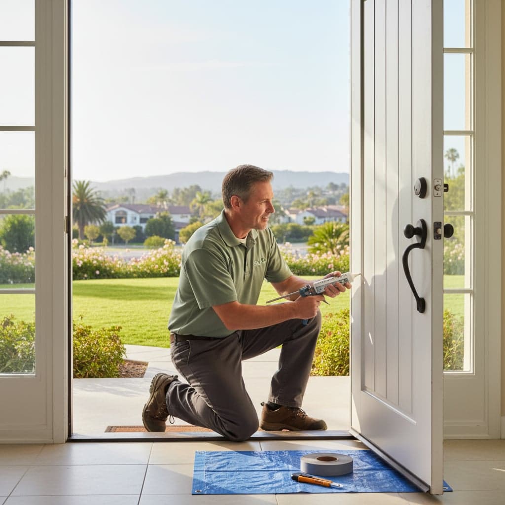 Handyman in a gray polo installing weather stripping on a door at a modern Carlsbad home with a view of manicured landscaping outside