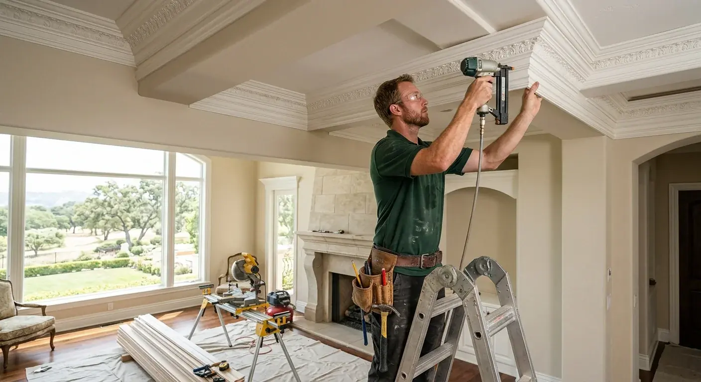 A handyman installing intricate crown molding in a high-ceilinged room of a Bonsall estate home, natural light from a large window.