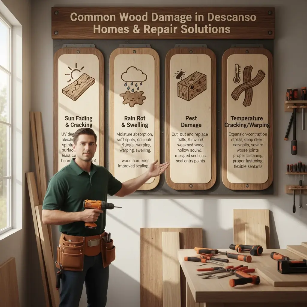 Infographic showing common wood damage types in Descanso homes: Sun Fading, Rain Rot, Pest Damage, and Temperature Cracking, with corresponding repair methods.