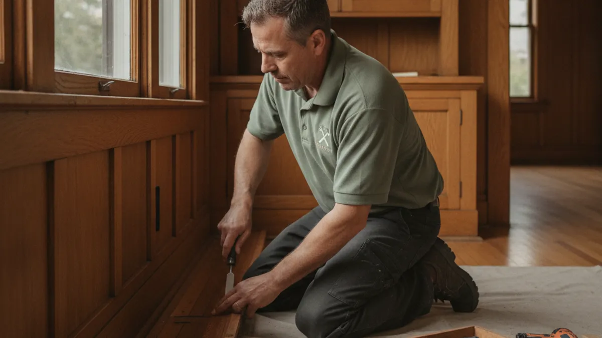 A handyman repairing wood trim in a downtown Escondido craftsman-style home with visible original woodwork