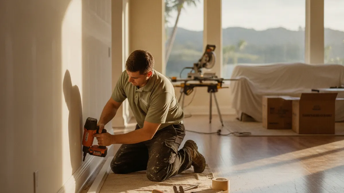 A handyman performing finish-grade custom trim carpentry in an estate home in Fairbanks Ranch