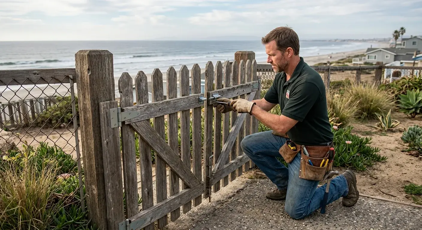 A handyman repairing a weathered wooden gate on a property in Imperial Beach, with the ocean faintly visible in the distance.