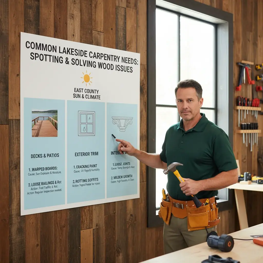 Infographic detailing common carpentry needs in Lakeside, showing typical issues and recommended service frequencies for decks, trim, and custom wood projects.