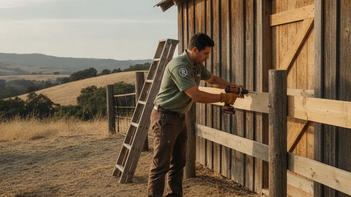 A handyman repairing wood fencing and an outbuilding door on a rural property in Ramona
