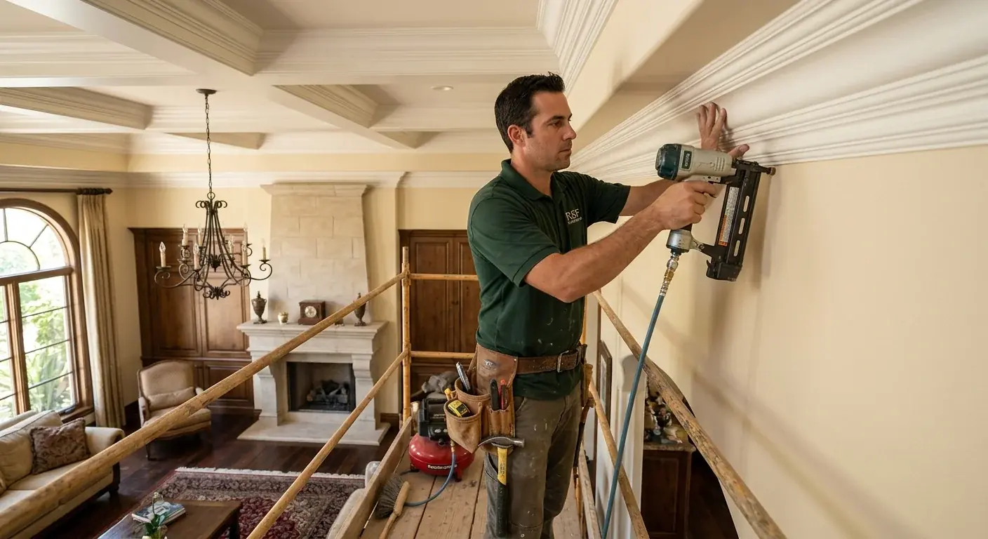A finish carpenter installing intricate crown molding in a high-ceilinged living room of a luxury home in Rancho Santa Fe.