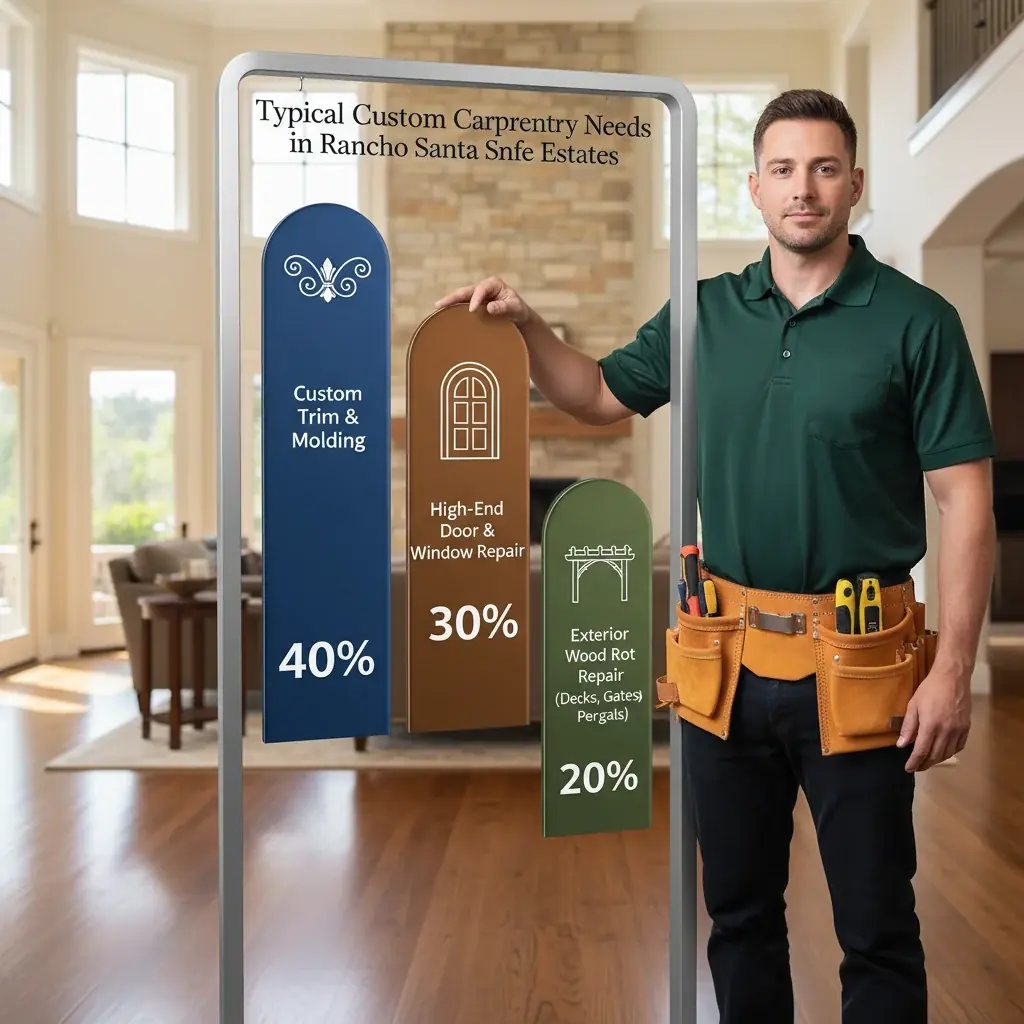 Infographic illustrating the typical custom carpentry projects in Rancho Santa Fe homes, including percentage breakdowns for trim, doors/windows, and wood rot repair.