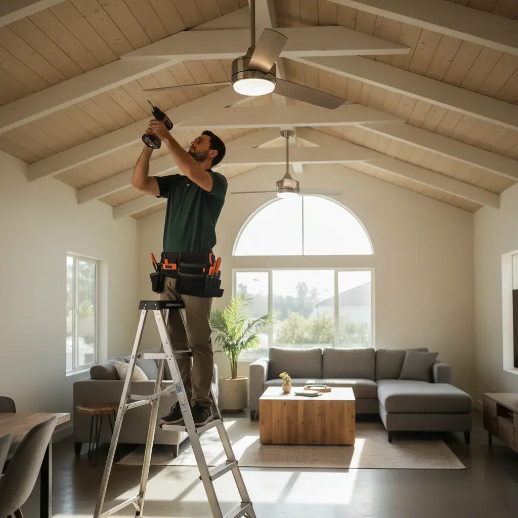 A handyman on a step ladder installing a modern ceiling fan in a sunny San Diego living room with vaulted ceilings