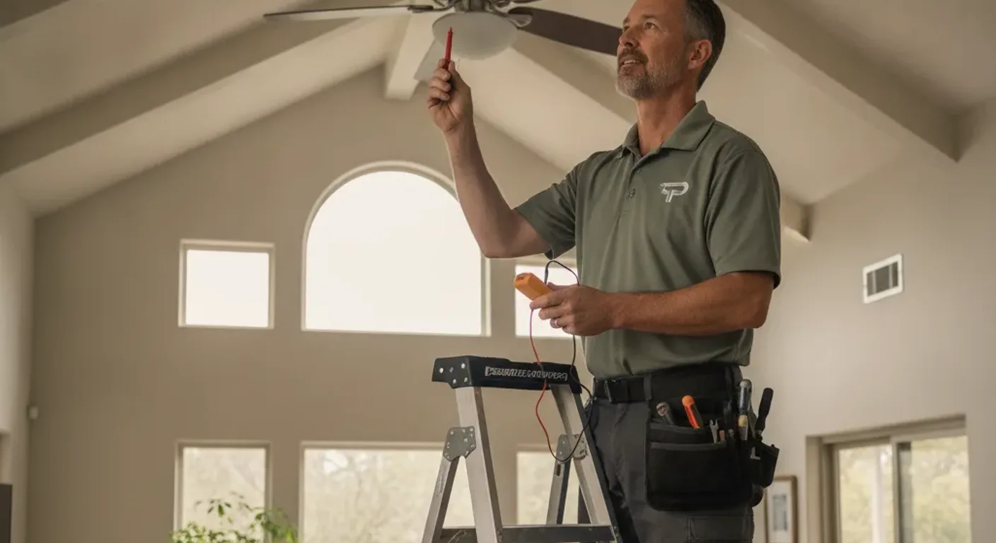 A handyman on a step ladder inspecting a ceiling fan mounted in a San Diego living room with vaulted ceilings