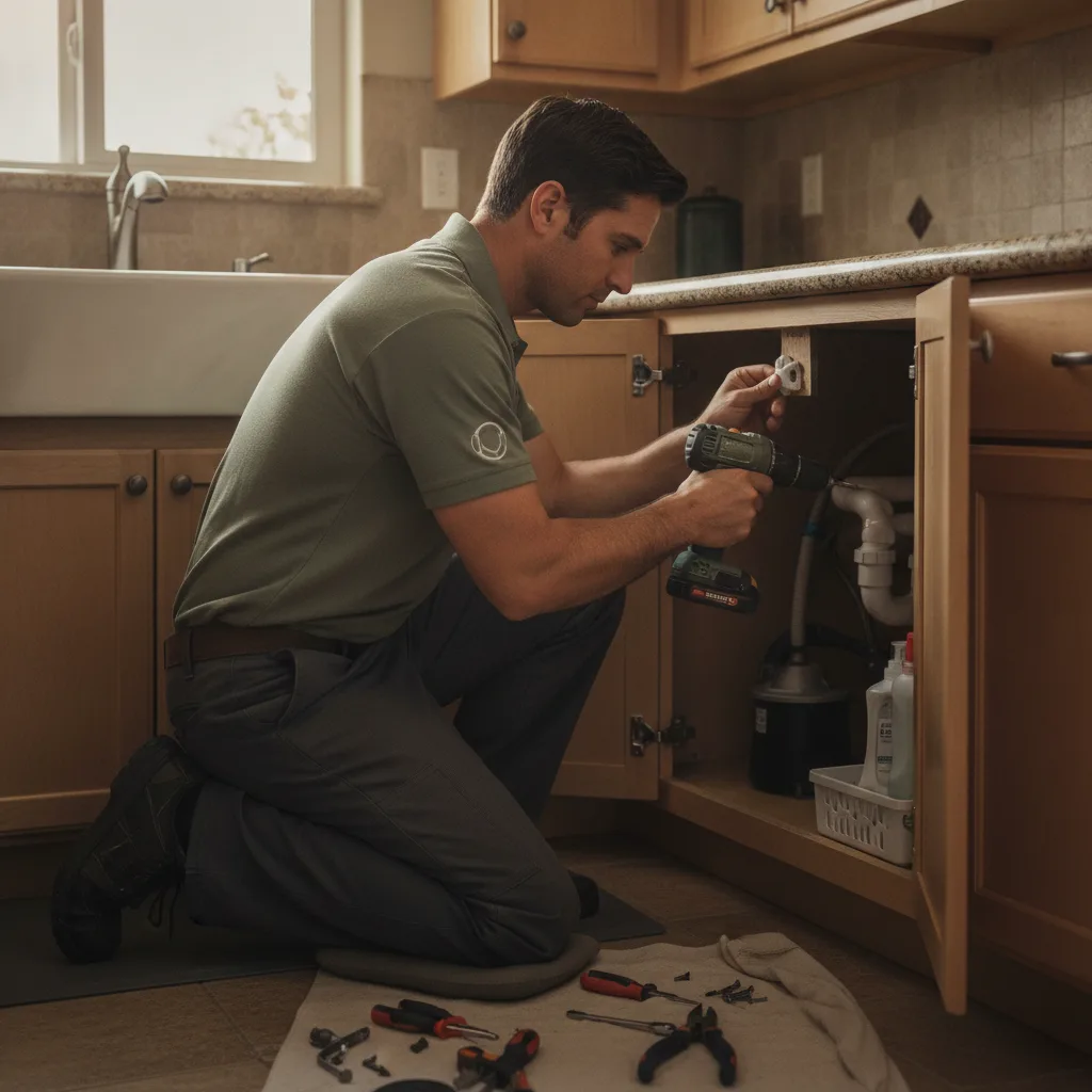 A handyman in a sage olive polo installing a cabinet safety lock under a kitchen sink in a San Diego home