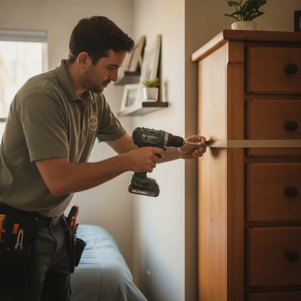 Close-up of a handyman anchoring a tall dresser to a bedroom wall stud with an anti-tip strap in a San Diego home