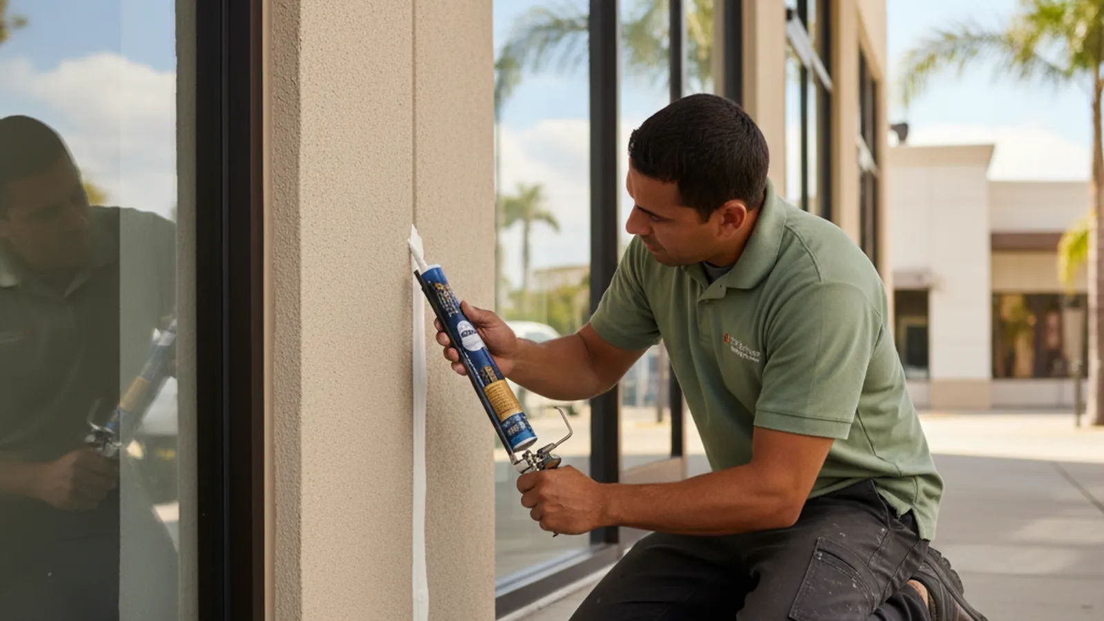 A handyman in a sage olive work polo sealing an exterior expansion joint on a San Diego commercial storefront on a sunny afternoon.