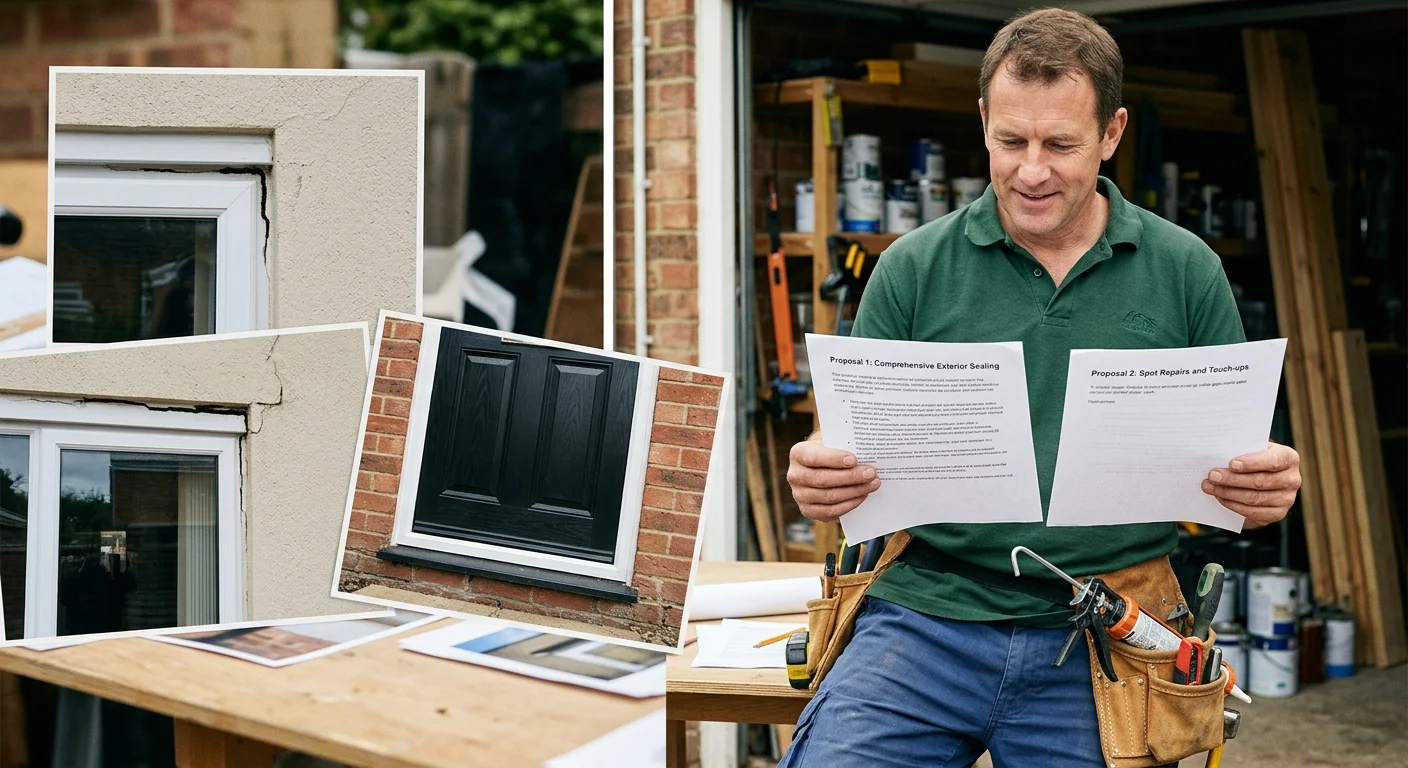 Homeowner comparing written caulking scopes with photos of exterior gaps