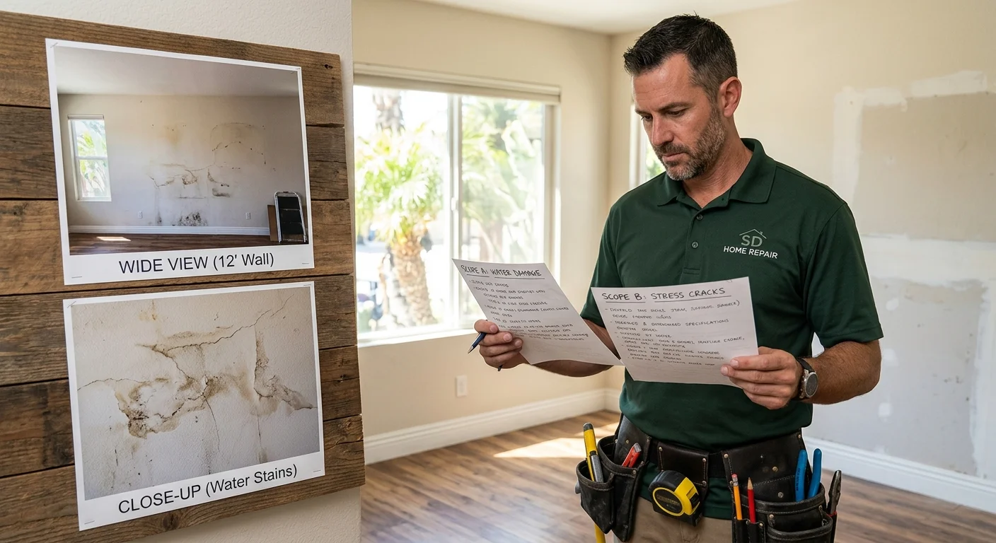 San Diego homeowner comparing two written drywall repair proposals