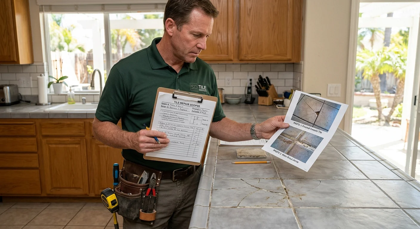 San Diego homeowner comparing written tile repair scopes and damage photos