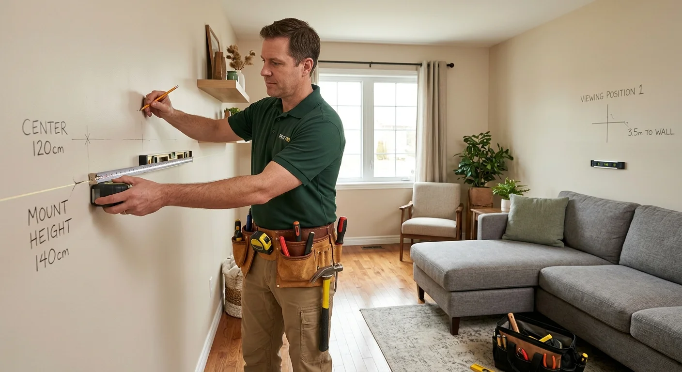 Tape measurements marked on two walls beside a corner TV layout