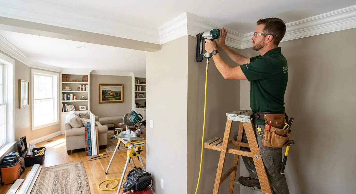 A trim carpenter fitting baseboard and door casing in a San Diego home with natural light coming through the window