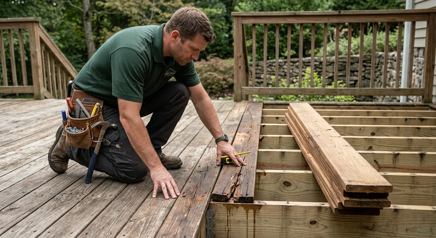One damaged deck board marked beside neighboring boards for inspection