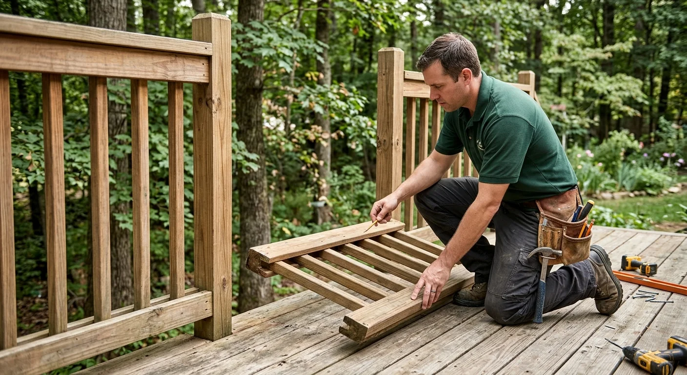 A marked gap in a deck railing beside posts, rails, and deck boards