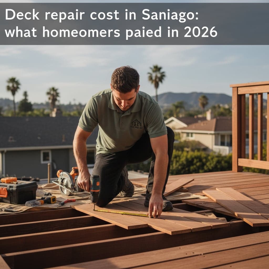 Handyman replacing weathered deck boards on a San Diego home's backyard deck, new composite boards visible next to the worn original wood