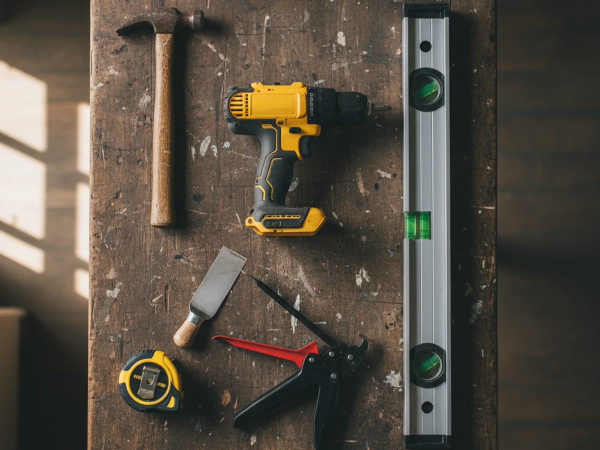 A collection of basic homeowner tools — drill, level, putty knife, caulk gun — laid out on a workbench