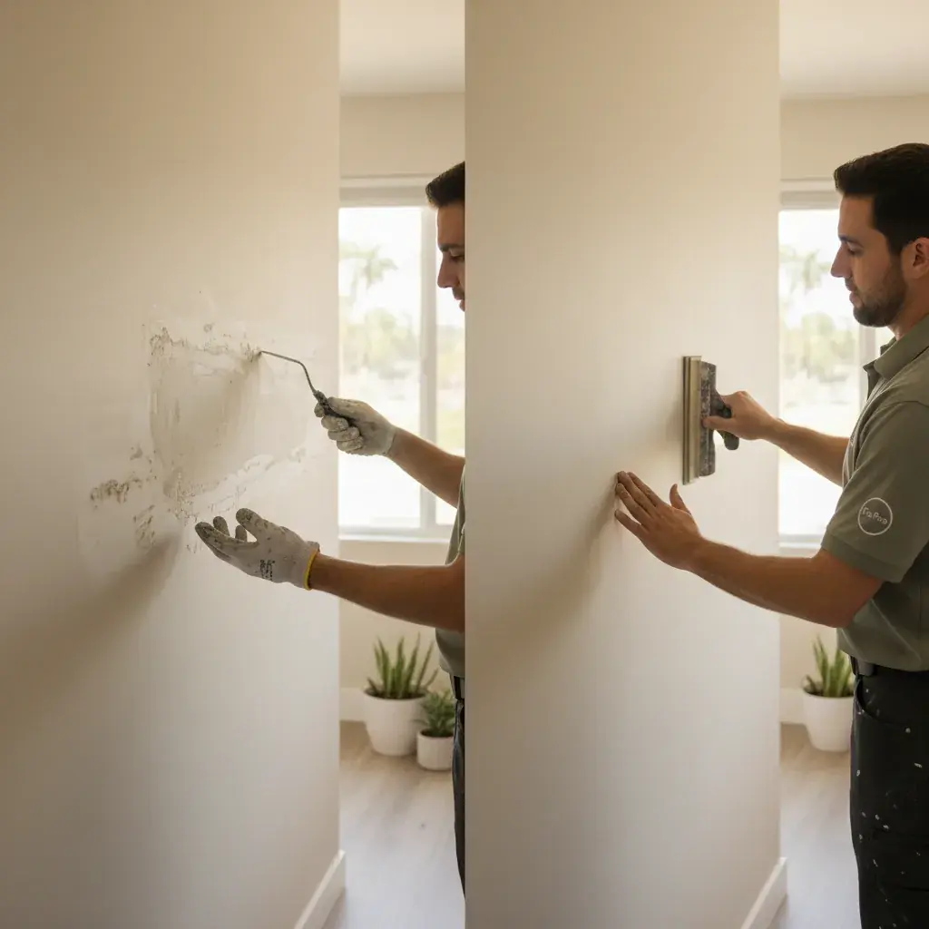 Side-by-side comparison of a failed DIY drywall patch with visible mudding lines and texture mismatch on the left, and a clean professional repair on the right in a San Diego home