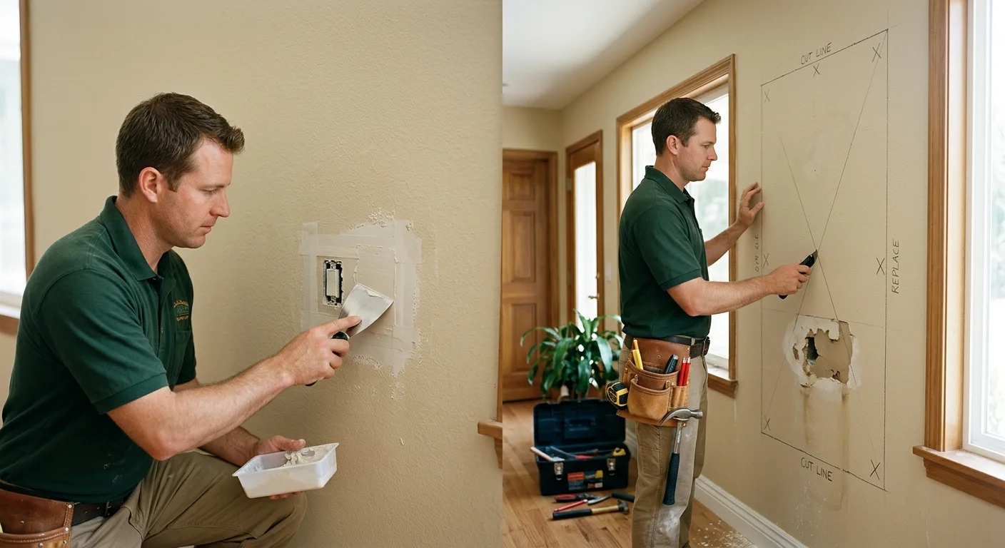 Small drywall patch beside a wall section marked for replacement