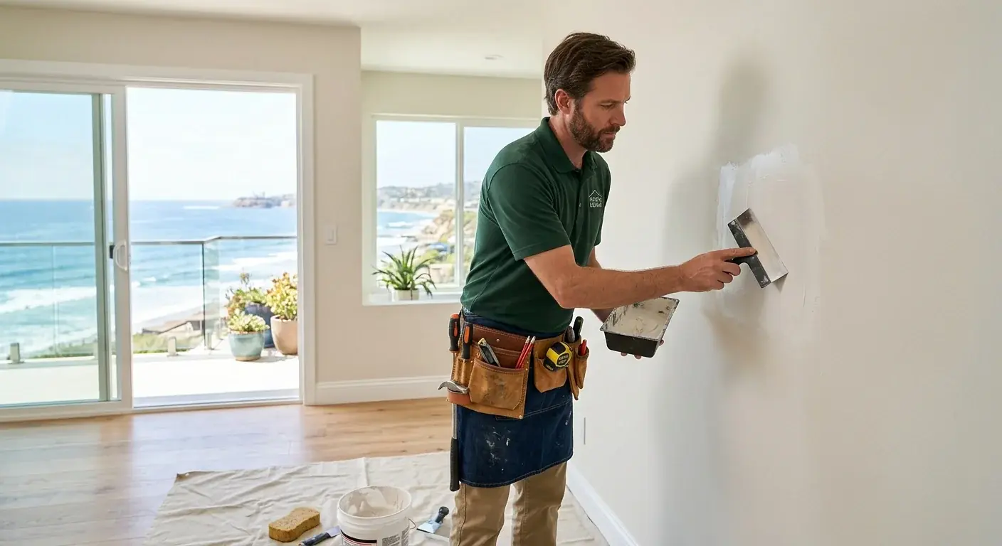 A Fix Pro handyman applying a final skim coat to a seamlessly patched hole on a bright white wall in a modern Del Mar living room, with a subtle ocean view through a window.