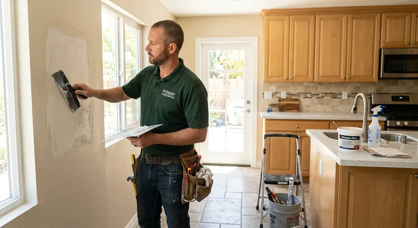 A handyman carefully texturing a repaired drywall patch on a wall in a bright Poway kitchen.