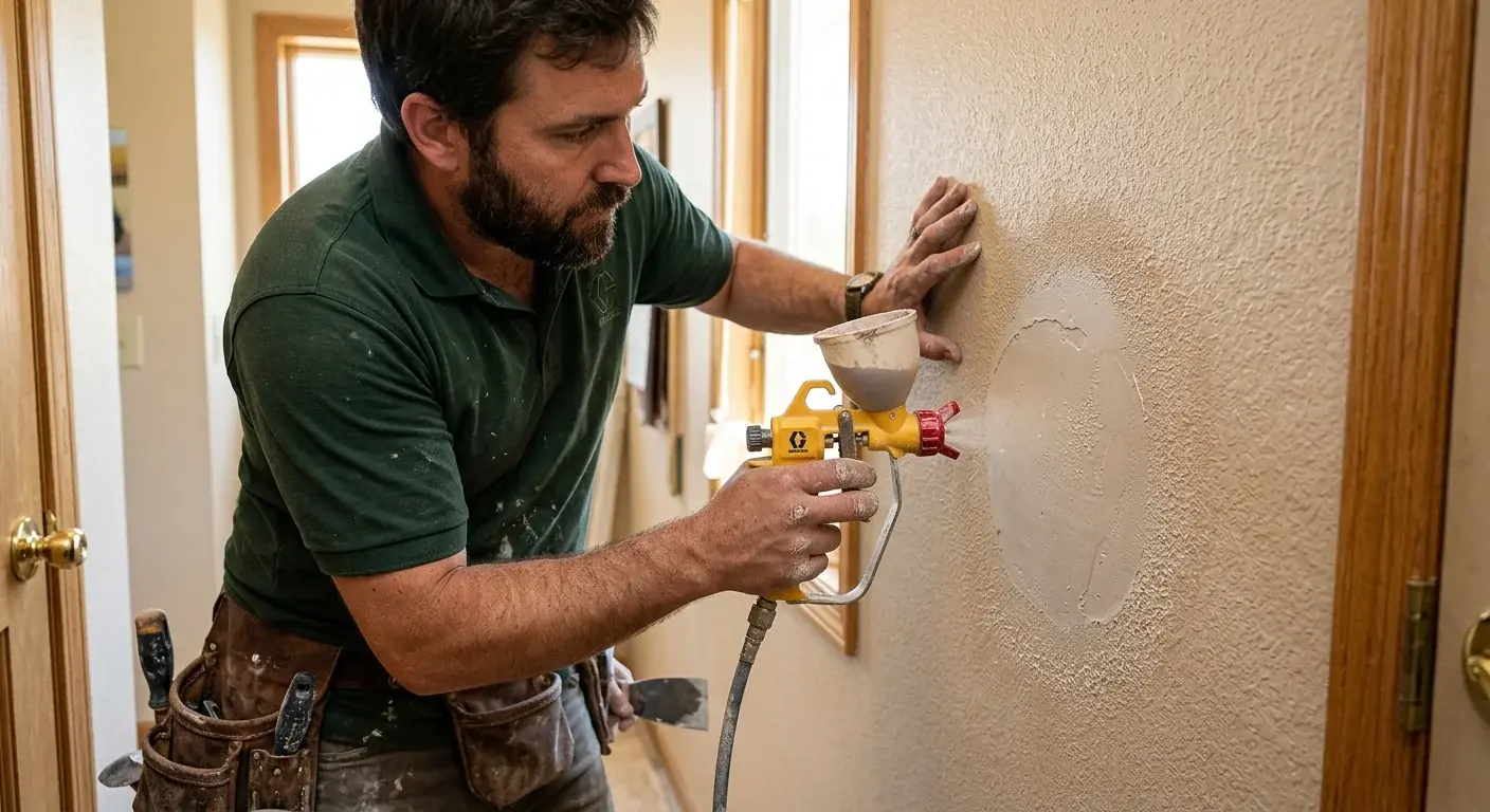 A close-up of a handyman feathering the edge of a drywall patch with a texture spray gun, blending it into an existing orange peel wall.
