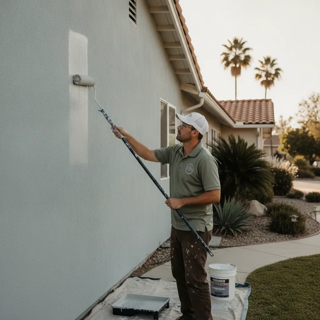A painter rolling fresh light-gray paint onto the stucco exterior of a single-story San Diego ranch home in bright midday sun