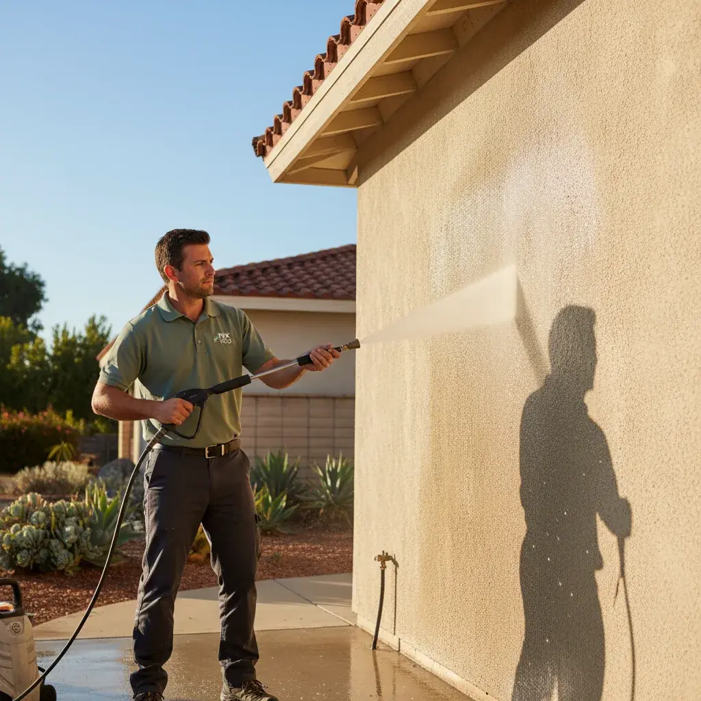 A handyman patching a hairline stucco crack on a beige San Diego home exterior in bright daylight