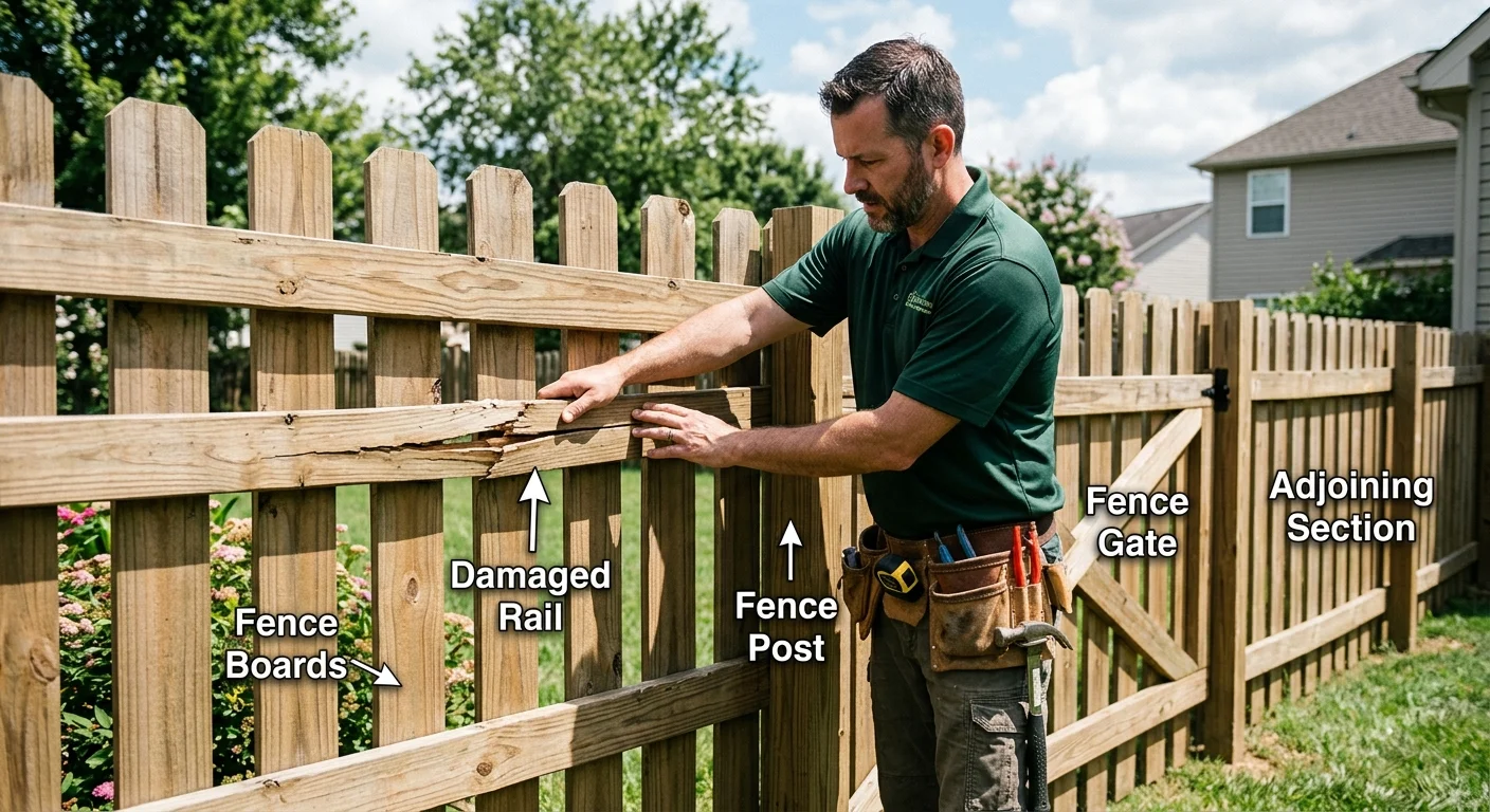 Damaged Santee fence rail with connected posts, boards, and a gate