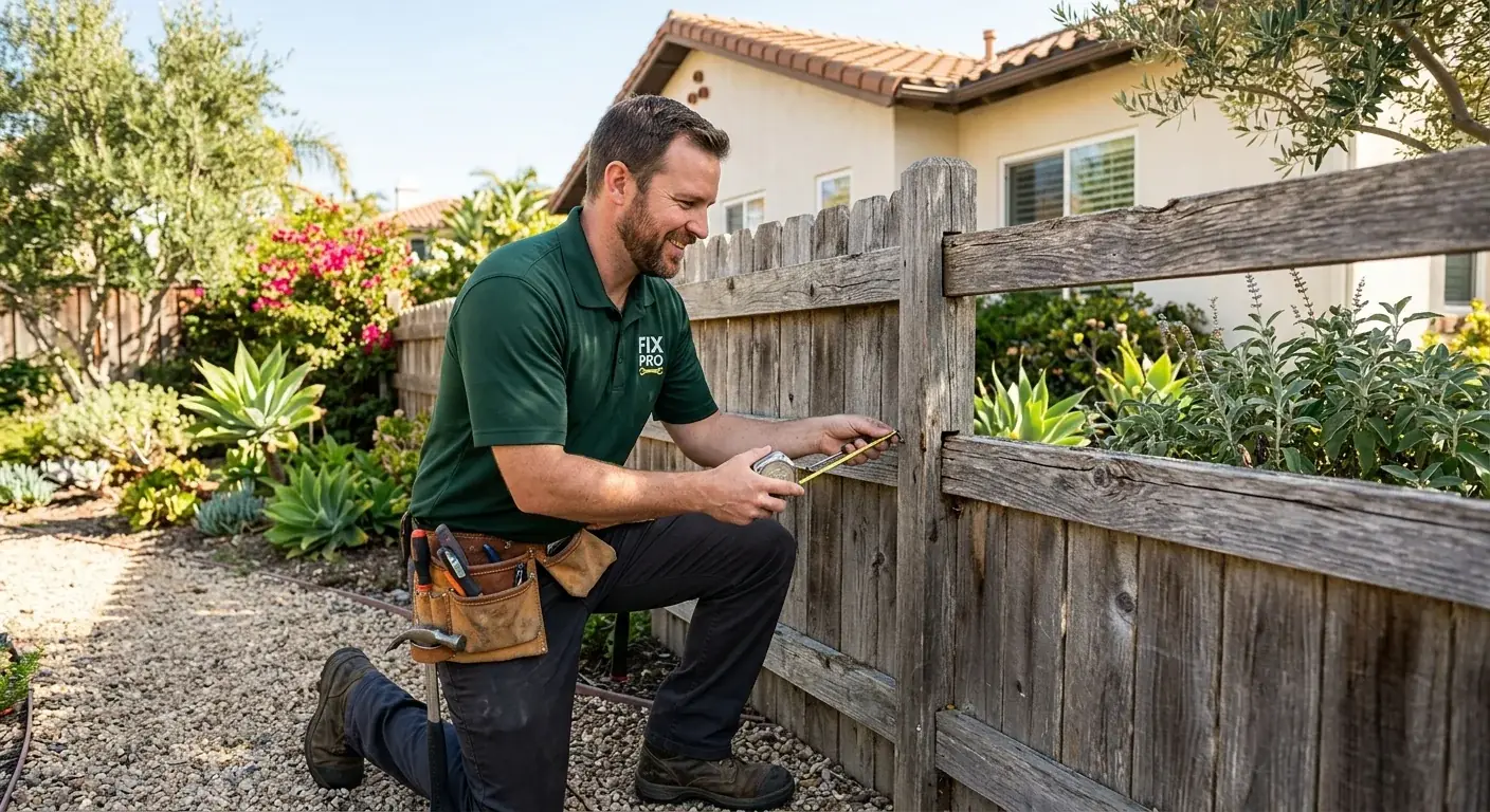 A friendly handyman in a Fix Pro shirt inspecting a weathered wooden fence in the backyard of a San Diego home, with the sun shining.