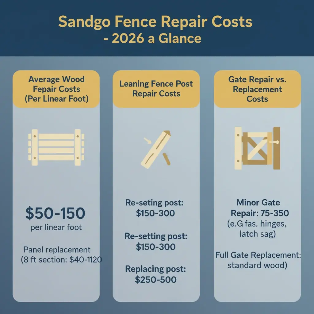 Infographic displaying average San Diego fence repair costs for 2026, including per-foot wood repair, leaning post fix, and gate repair versus replacement.