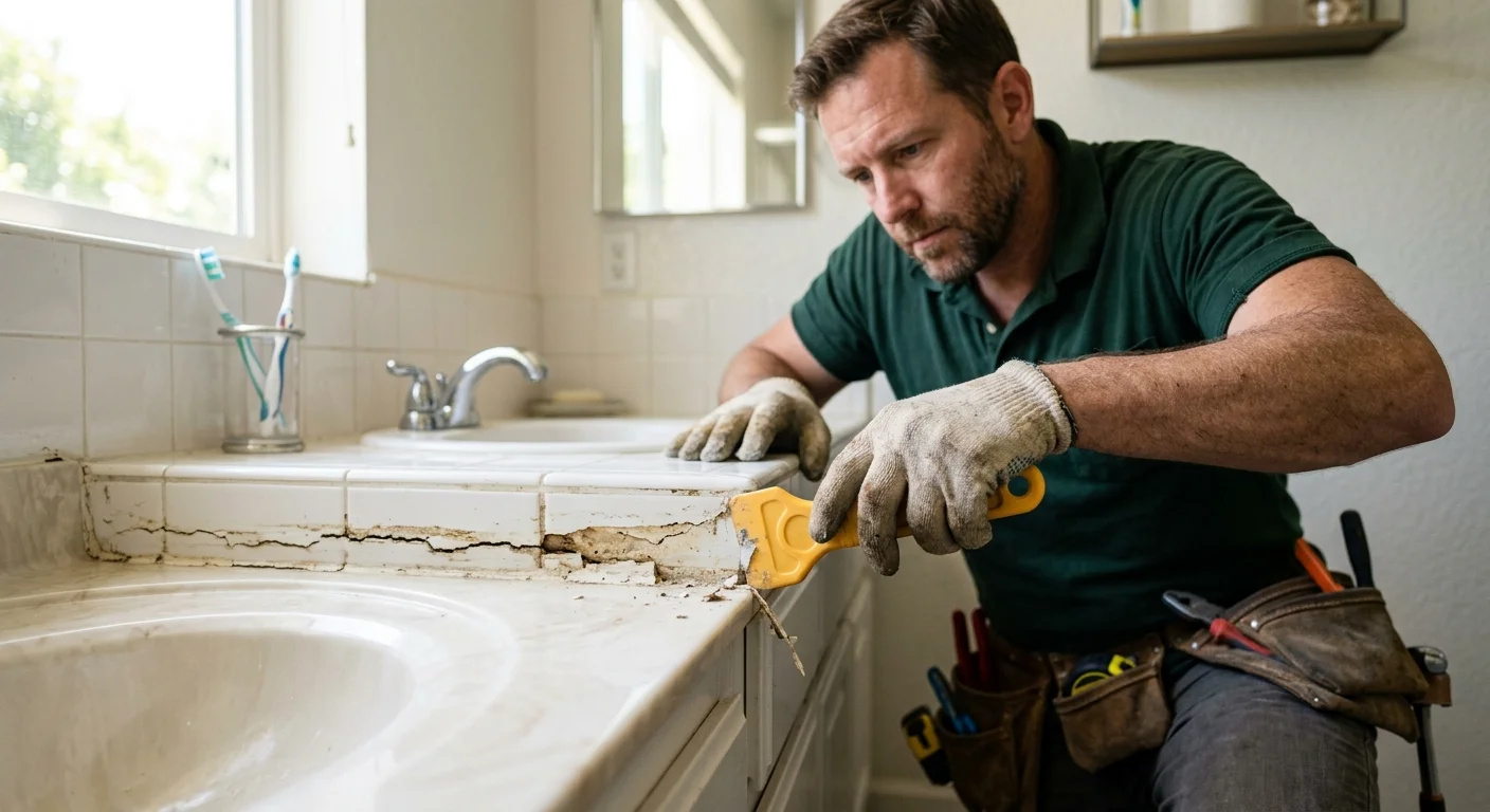 Cracked bathroom caulk beside a plastic removal tool