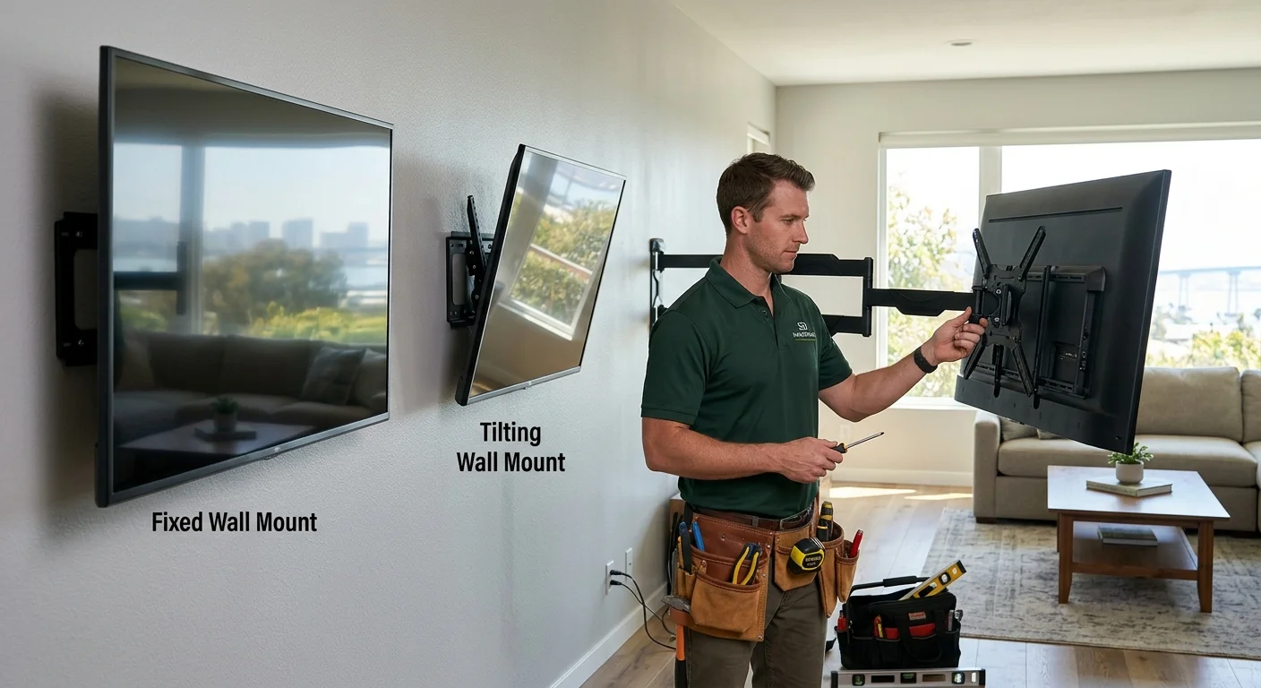 Fixed, tilting, and full-motion TV mounts in a San Diego living room