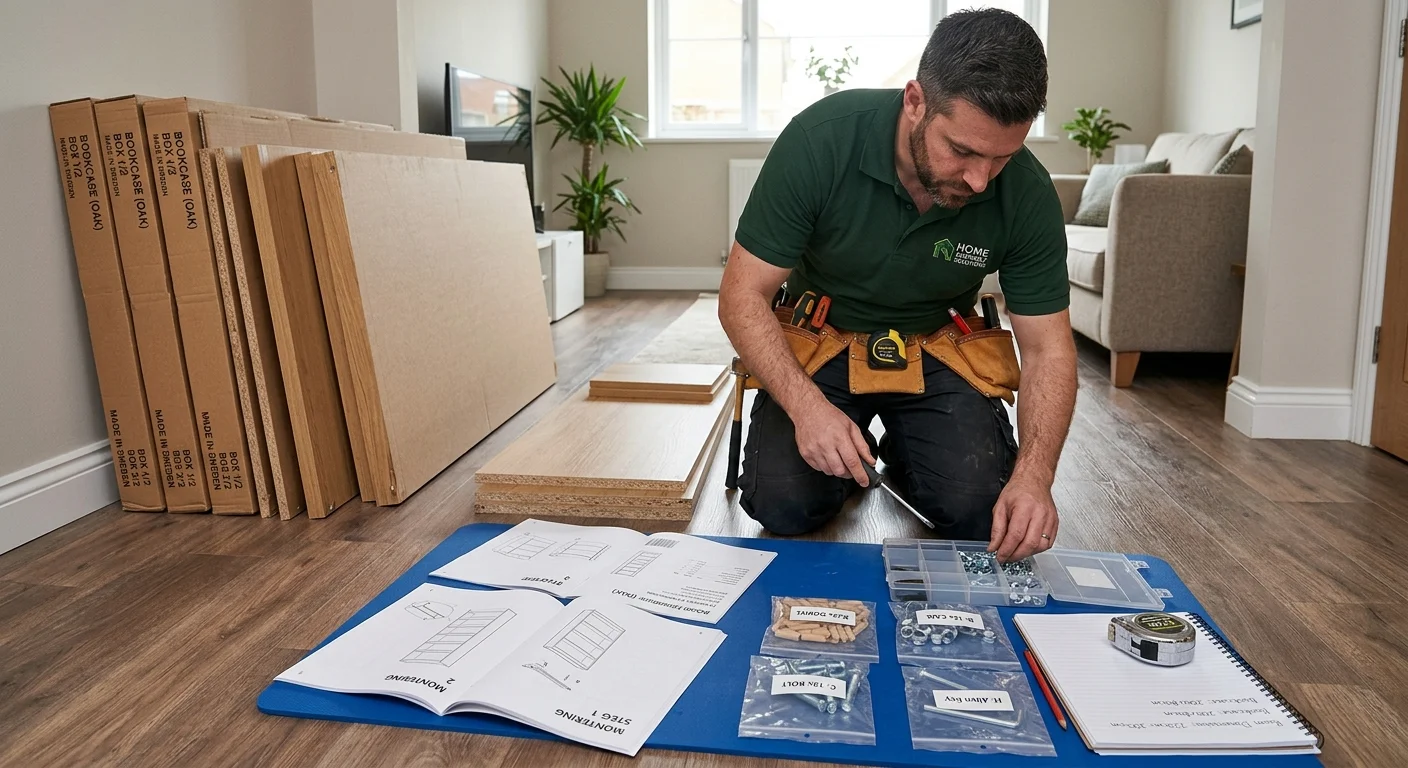 Flat-pack furniture boxes with instructions and labeled hardware