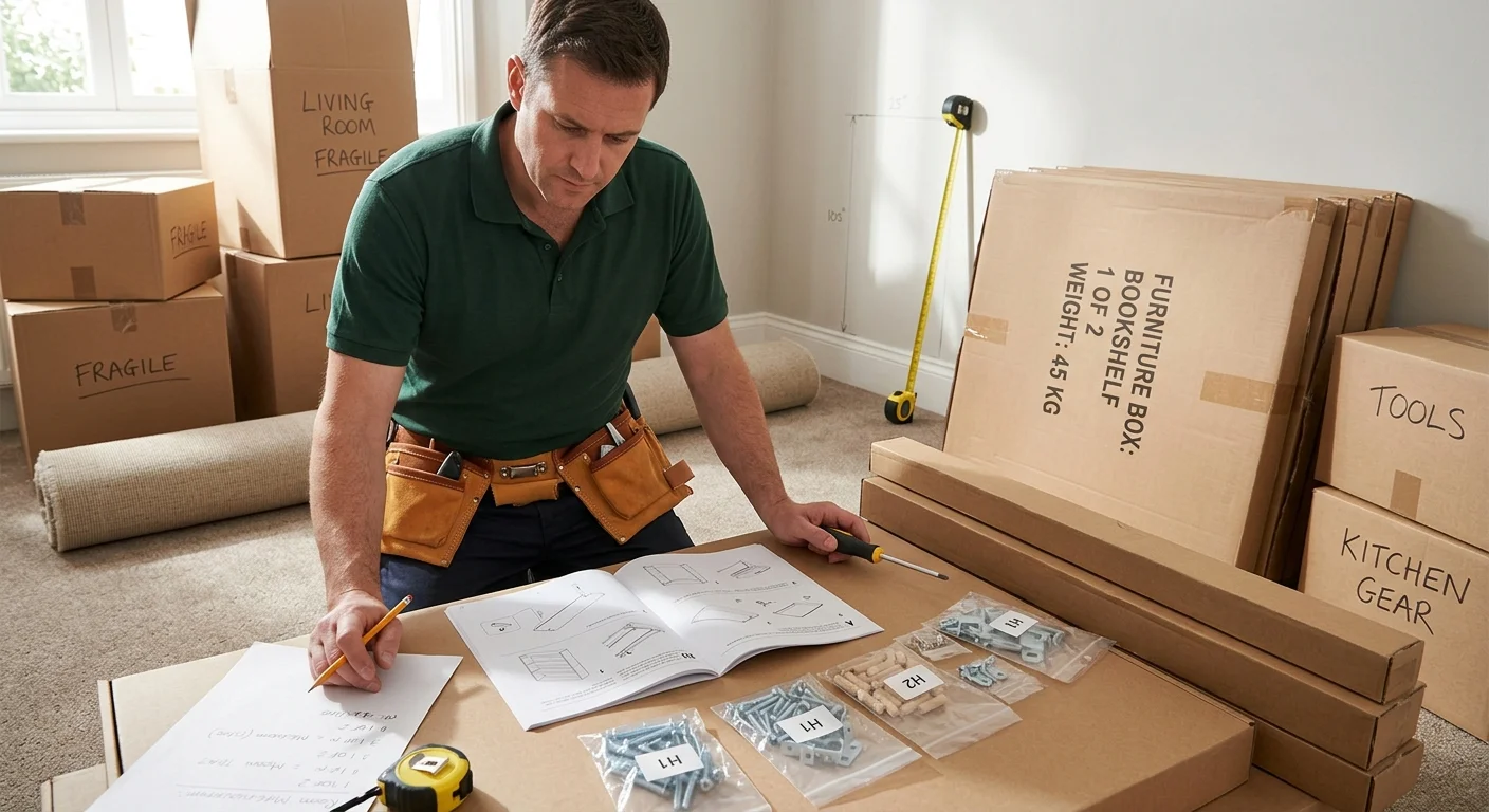 Labeled furniture boxes, instructions, hardware bags, and room measurements after a move