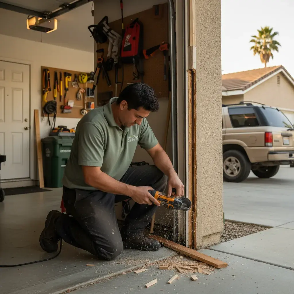 A handyman adjusting a wall-mounted garage door opener in a San Diego residential garage