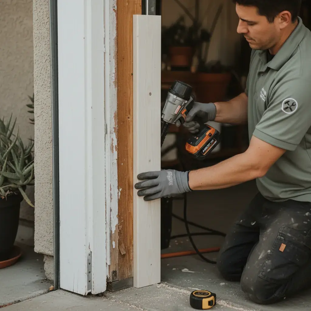 Close-up of fresh primed pine jamb being installed beside an existing painted garage frame