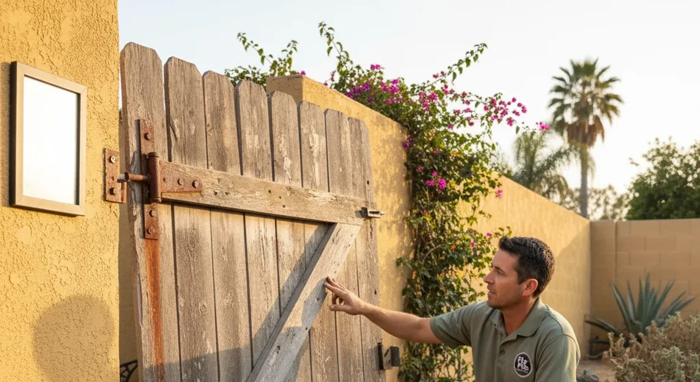 A weathered wood side-yard gate with a sagging frame and rusted hinge hardware in a San Diego backyard