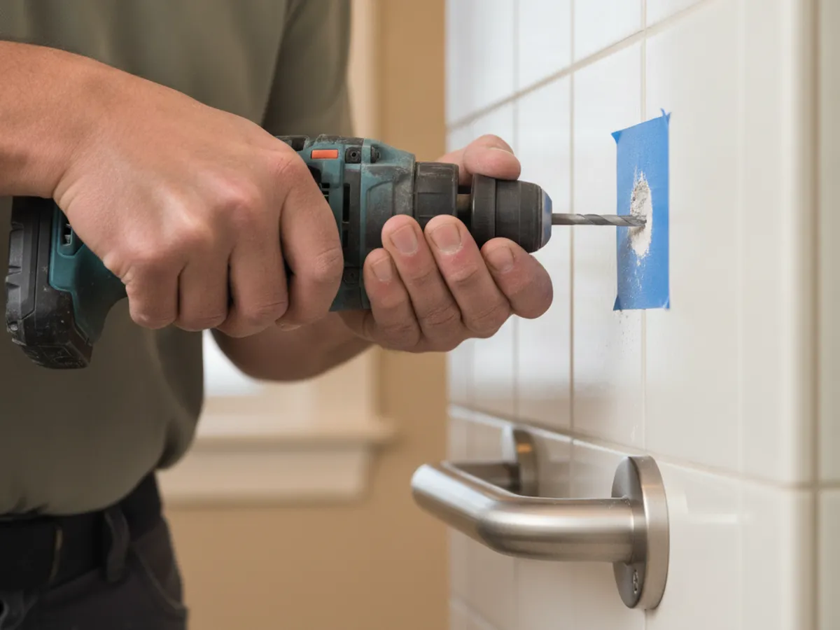 Close-up of a handyman drilling through ceramic bathroom tile with a carbide bit before setting a grab bar anchor